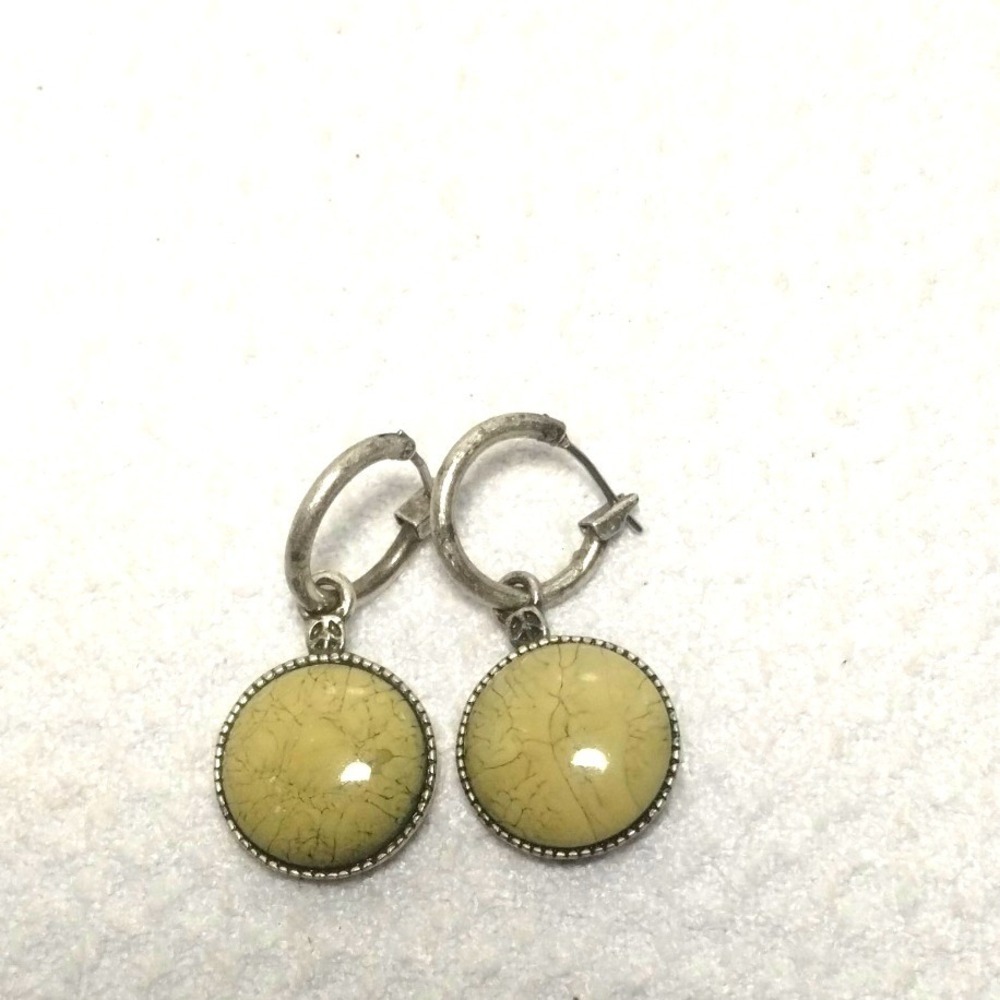 Silver Tone Peace Sign Cream Marbled Stone Leverback Drop Earrings Boho Hippie